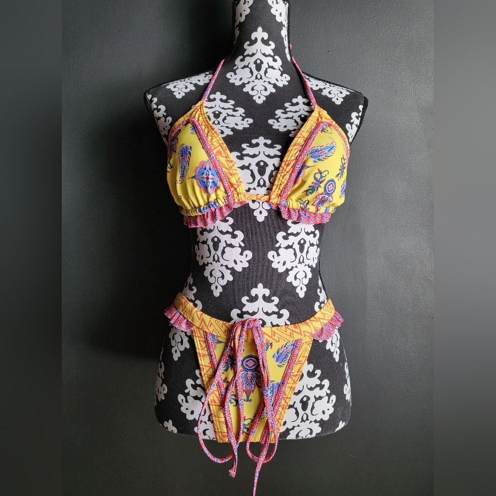 Boho Bikini Set Yellow multicolored String Tie Waist Sz L
